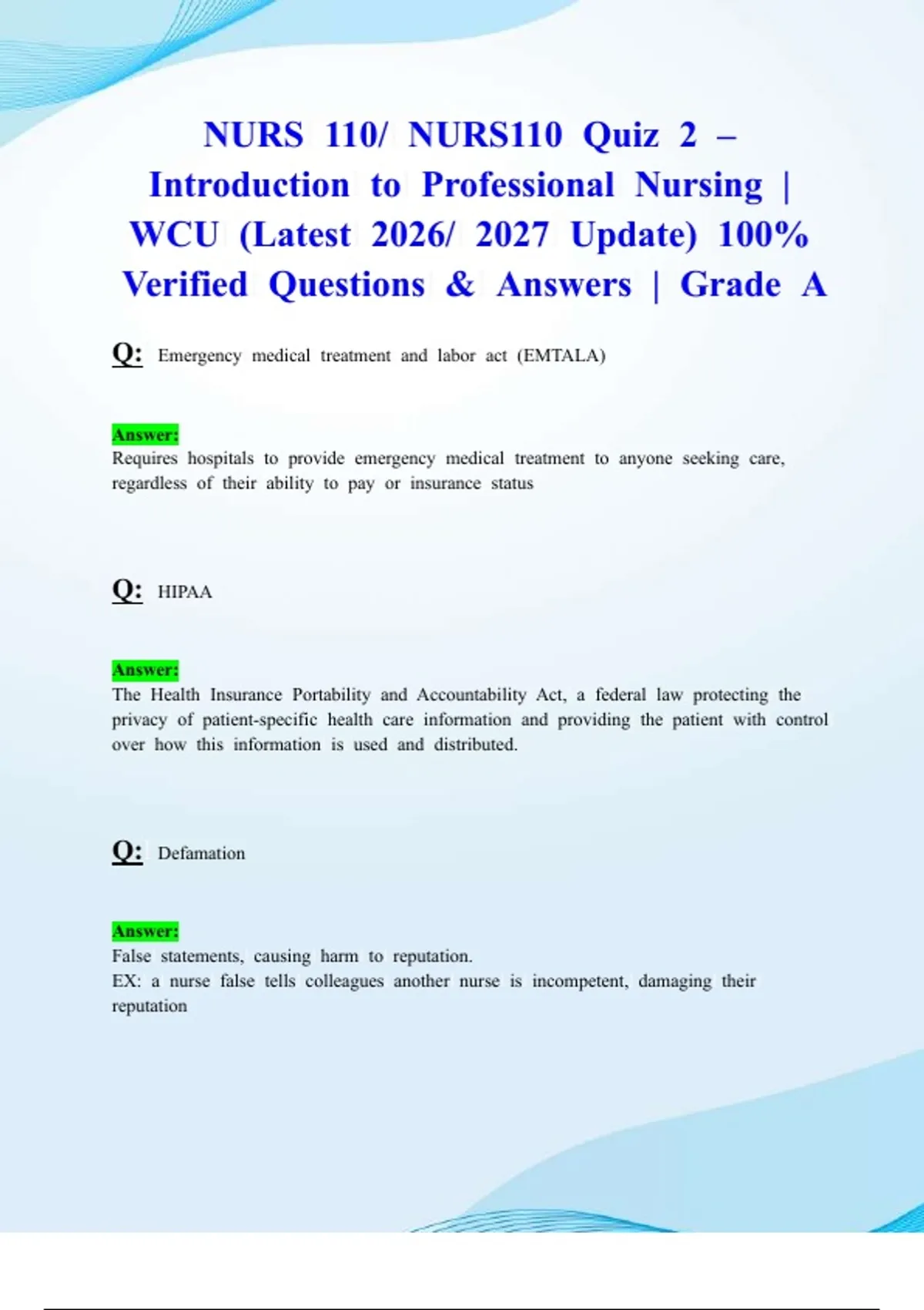 NURS 110/ NURS110 Quiz 2 – Introduction to Professional Nursing | WCU ...