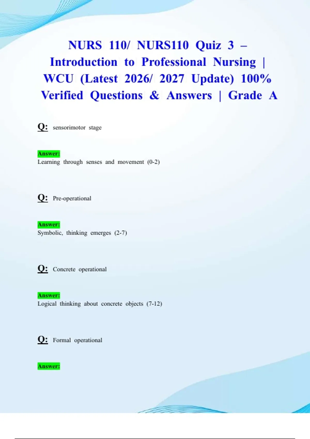 NURS 110/ NURS110 Quiz 3 – Introduction to Professional Nursing | WCU ...