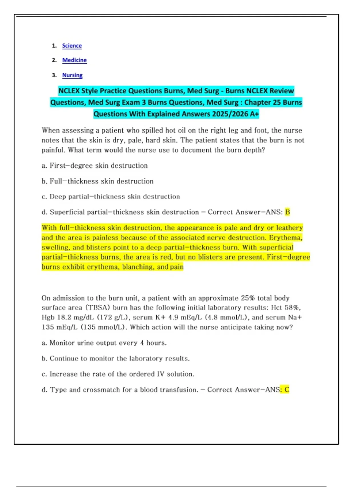 NCLEX Style Practice Questions Burns, Med Surg - Burns NCLEX Review ...