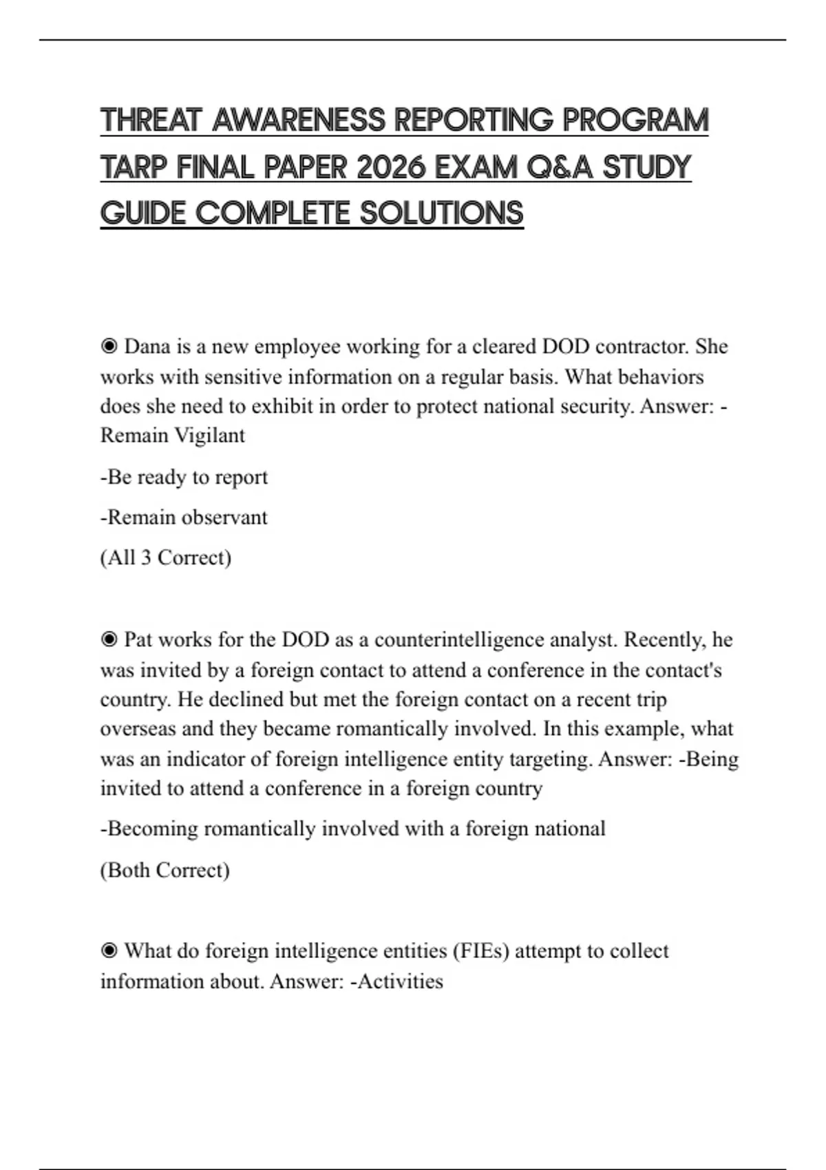 THREAT AWARENESS REPORTING PROGRAM TARP FINAL PAPER 2026 EXAM Q&A STUDY ...