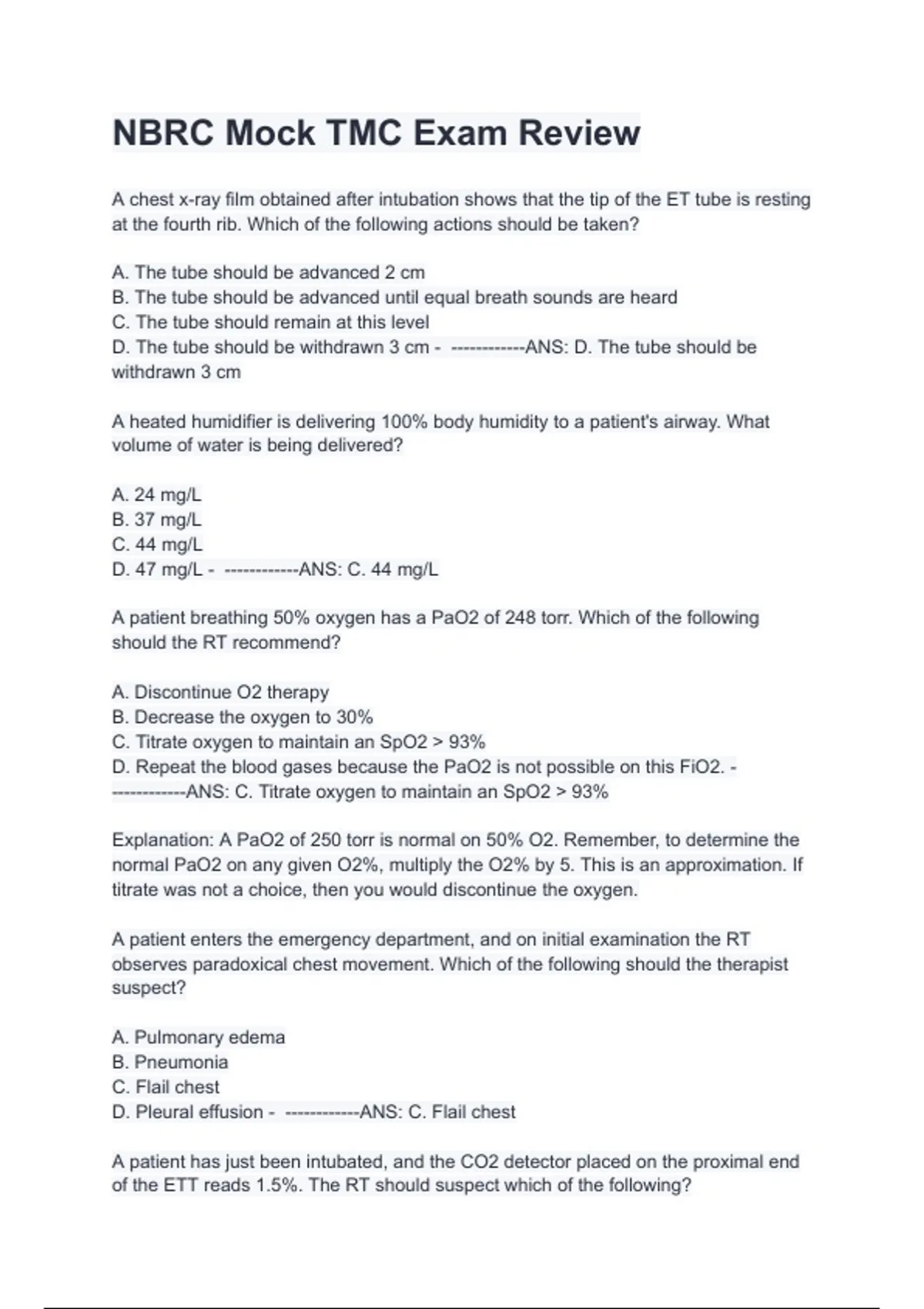 NBRC Mock TMC Exam Review Questions with correct Answers (A+ GRADED 100 ...