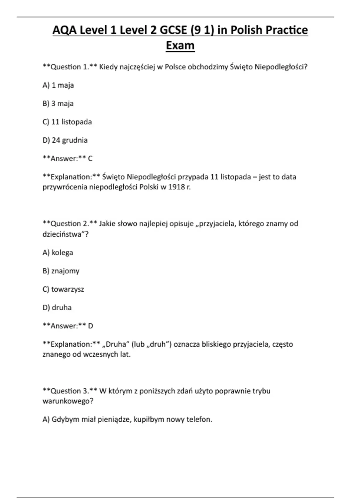 AQA Level 1 Level 2 GCSE (9 1) in Polish Practice Exam - Computer ...
