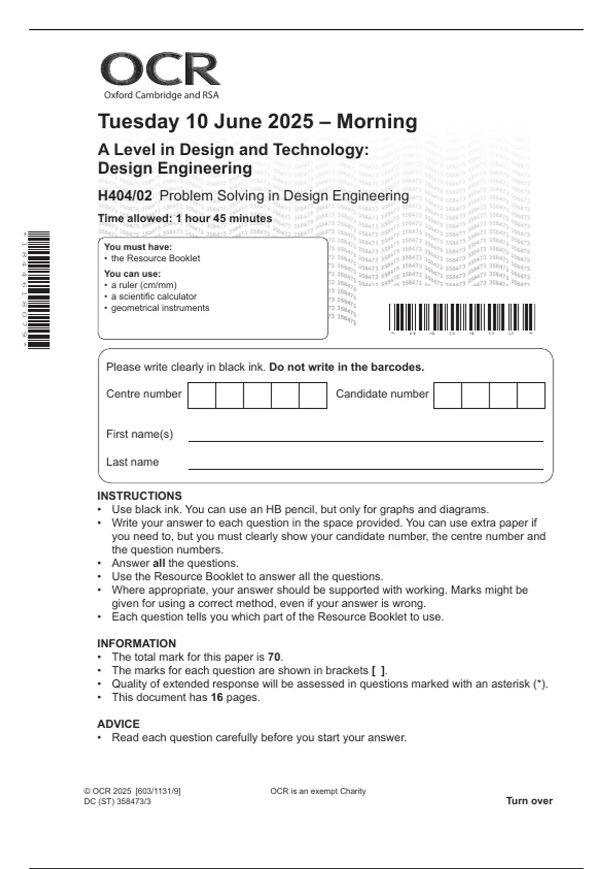 A Level in Design and Technology: Design Engineering H404/02 Problem ...