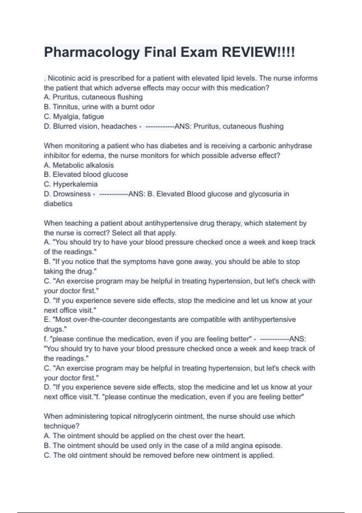 Pharmacology Final Exam REVIEW!!!! Questions with correct Answers (A+ ...