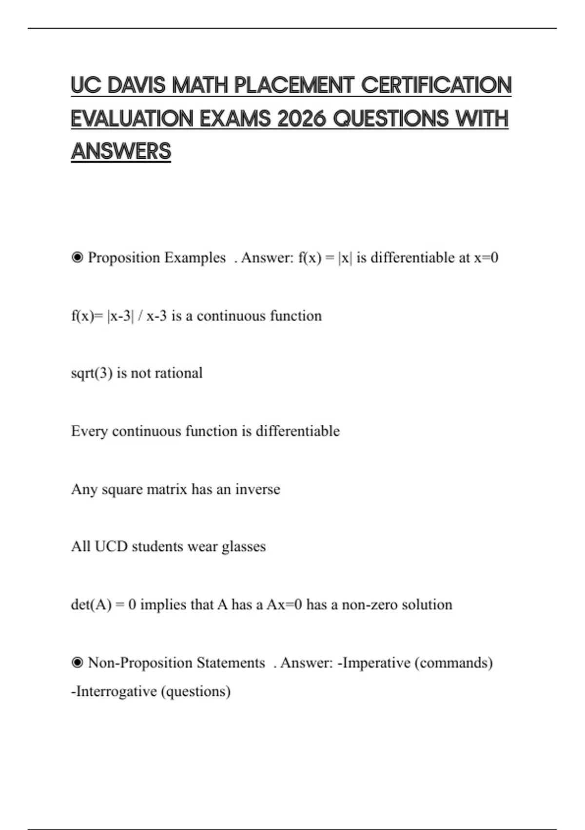 UC DAVIS MATH PLACEMENT CERTIFICATION EVALUATION EXAMS 2026 QUESTIONS ...
