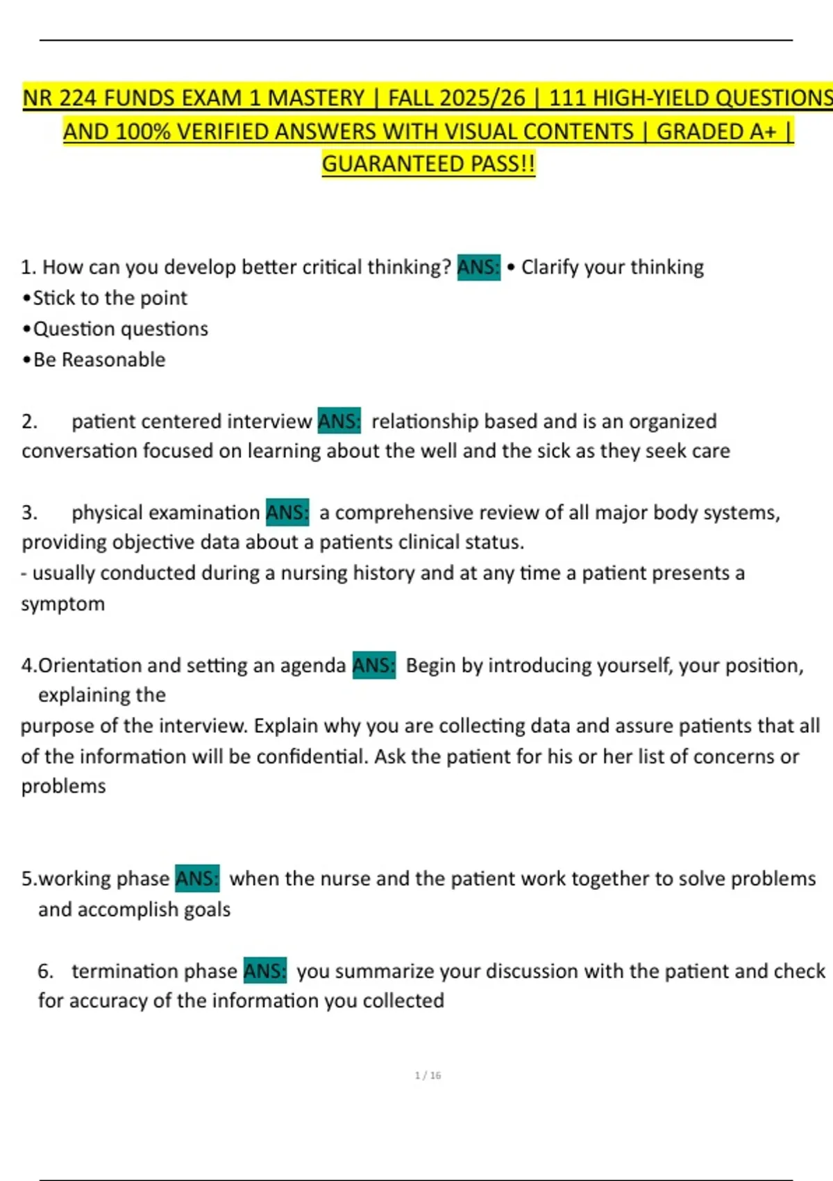 NR 224 / NUR 224 Fundamentals of Nursing Exam 1 Study Guide & Test Bank ...