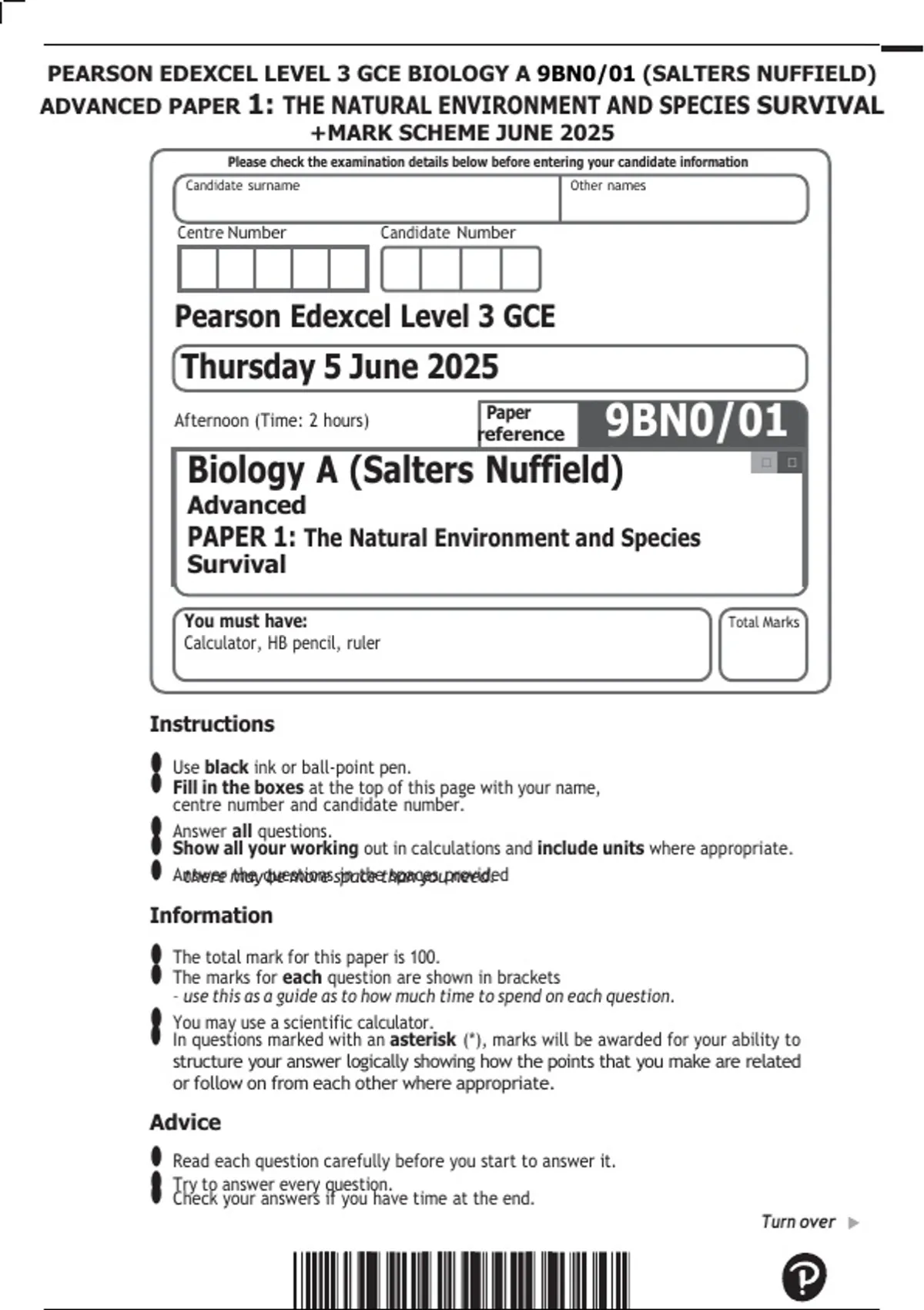 PEARSON EDEXCEL LEVEL 3 GCE BIOLOGY A 9BN0/01 (SALTERS NUFFIELD ...