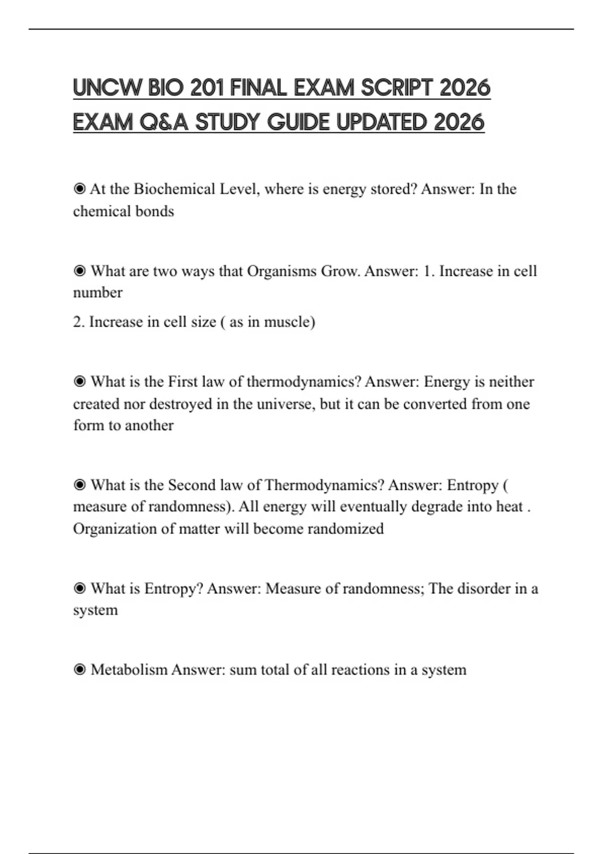 UNCW BIO 201 FINAL EXAM SCRIPT 2026 EXAM Q&A STUDY GUIDE UPDATED 2026 ...