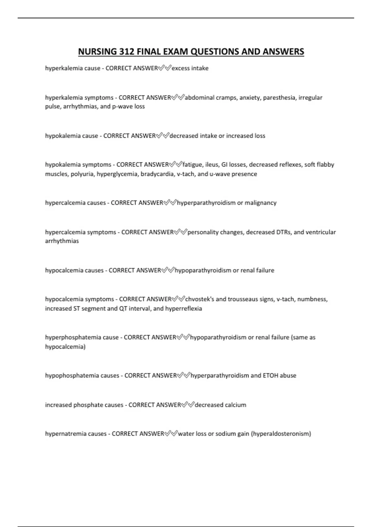 NURSING 312 FINAL EXAM QUESTIONS AND ANSWERS - NURSING 312 - Stuvia US