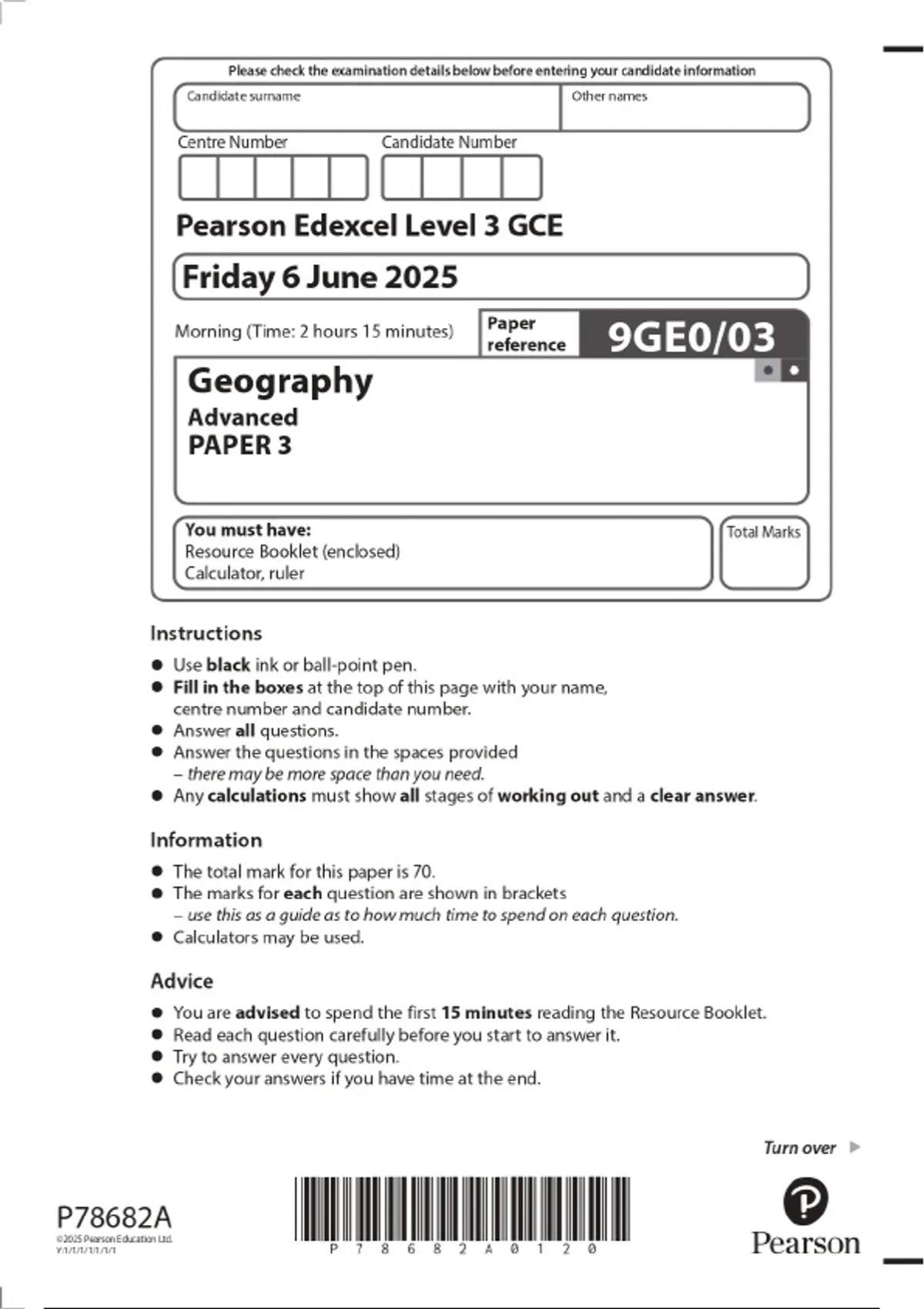 Pearson Edexcel Level 3 GCE Geography Advanced PAPER 3 JUNE 2025 ...