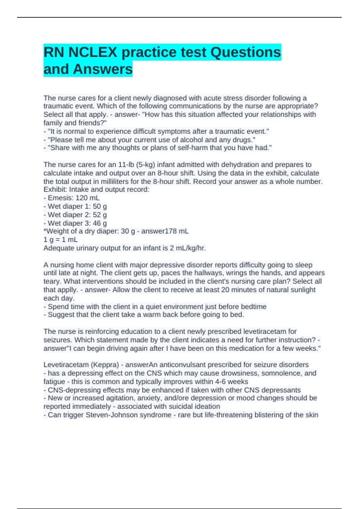 RN NCLEX practice test Questions and Answers - NCLEX RN - Stuvia US