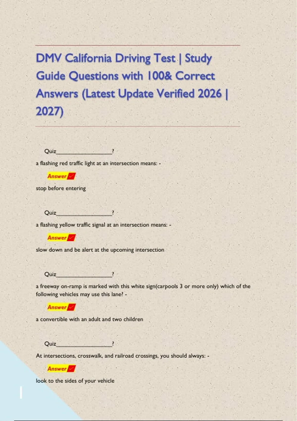 DMV California Driving Test | Study Guide Questions with 100& Correct ...