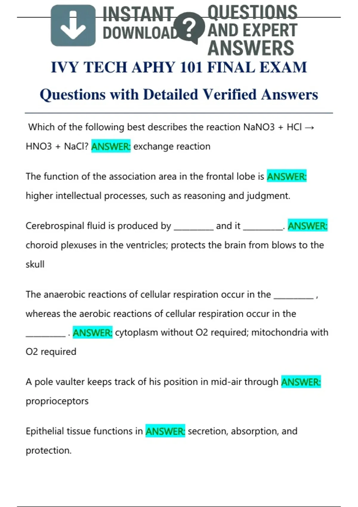 IVY TECH APHY 101 FINAL EXAM Questions with Detailed Verified Answers ...