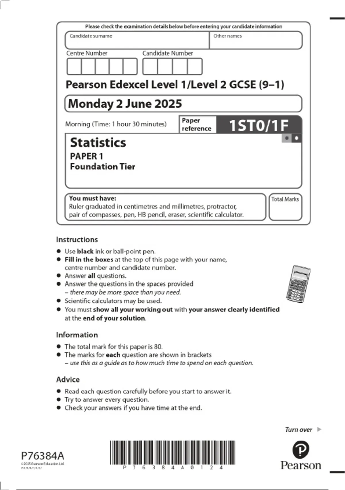 Pearson Edexcel Level 1/Level 2 GCSE (9–1) Statistics PAPER 1 ...