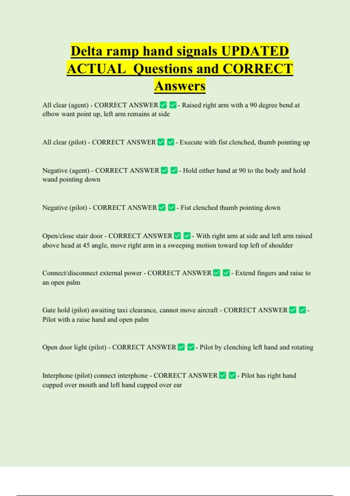 Delta ramp hand signals UPDATED ACTUAL Questions and CORRECT Answers ...