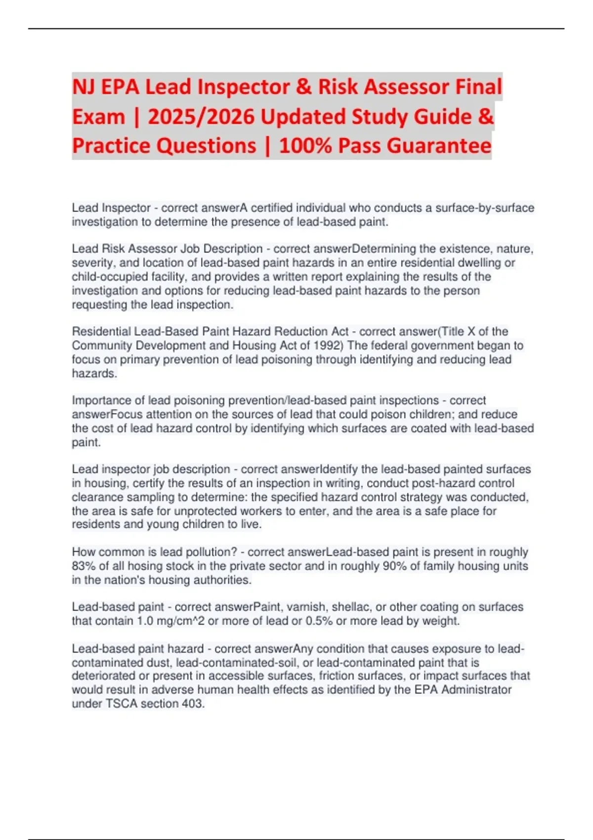 NJ EPA Lead Inspector & Risk Assessor Final Exam | 2025/2026 Updated ...