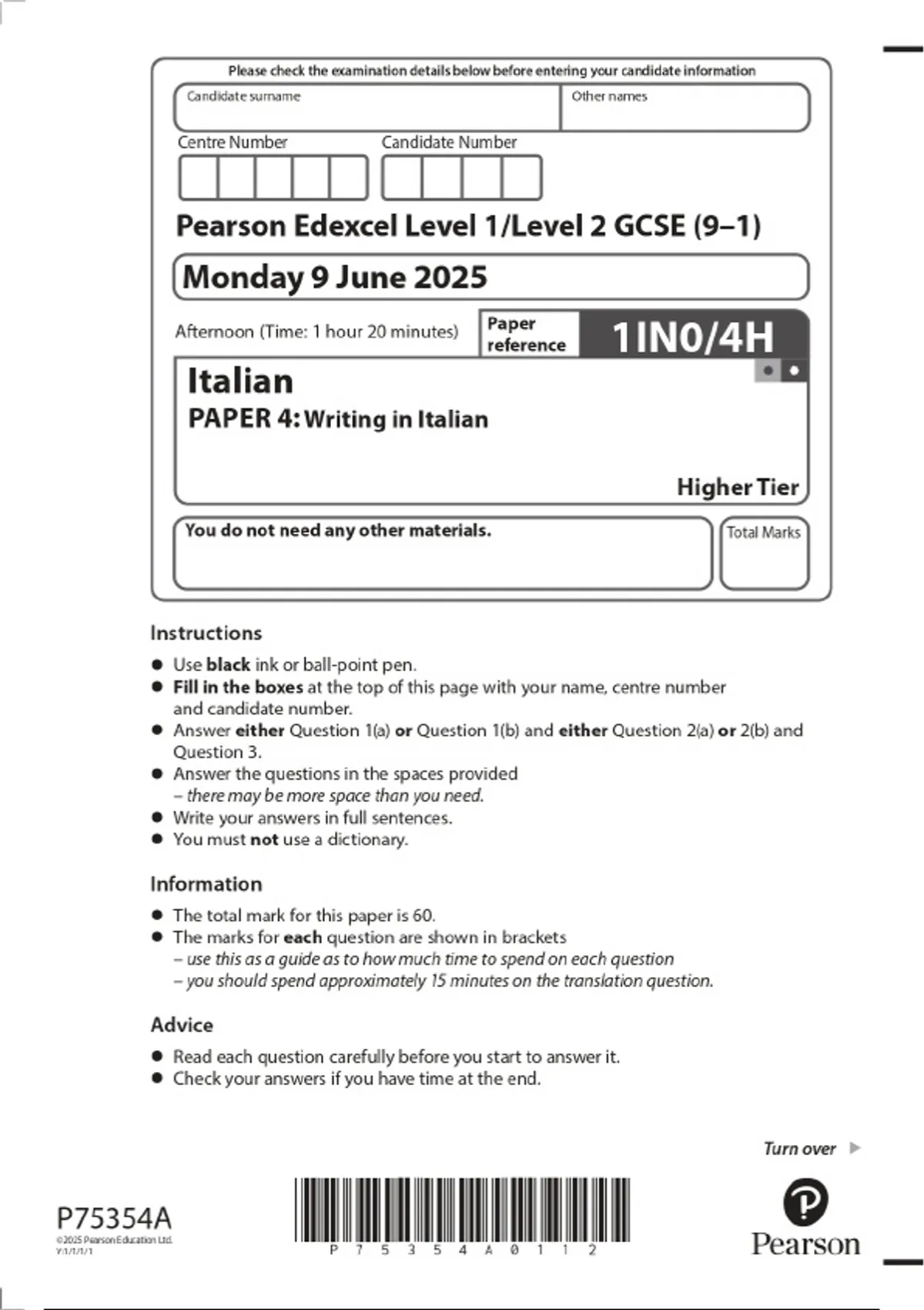 Pearson Edexcel Level 1/Level 2 GCSE (9–1) Italian PAPER 4: Writing in ...