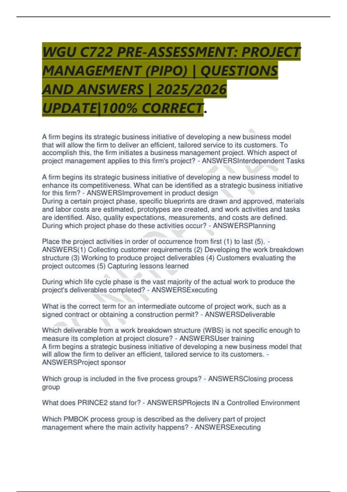 WGU C722 PRE-ASSESSMENT: PROJECT MANAGEMENT (PIPO) | QUESTIONS AND ...