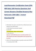 Lead Renovator Certification Exam &lpar;EPA  RRP Rule&rpar; 100 Practice Questions And  Correct Answers &lpar;Verified Answers&rpar; Plus  Rationales 2026 Q&A &vert; Instant  Download Pdf