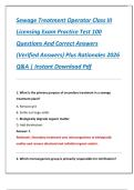 Sewage Treatment Operator Class III  Licensing Exam Practice Test 100  Questions And Correct Answers  &lpar;Verified Answers&rpar; Plus Rationales 2026  Q&A &vert; Instant Download Pdf