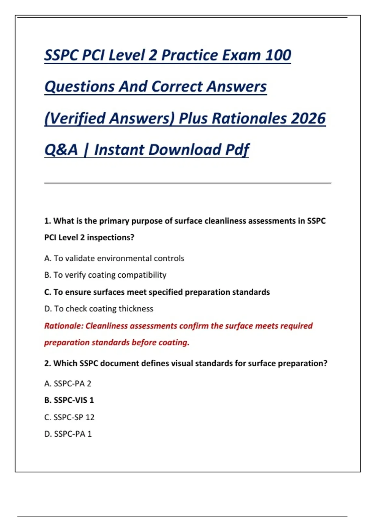 SSPC PCI Level 2 Practice Exam 100 Questions And Correct Answers ...