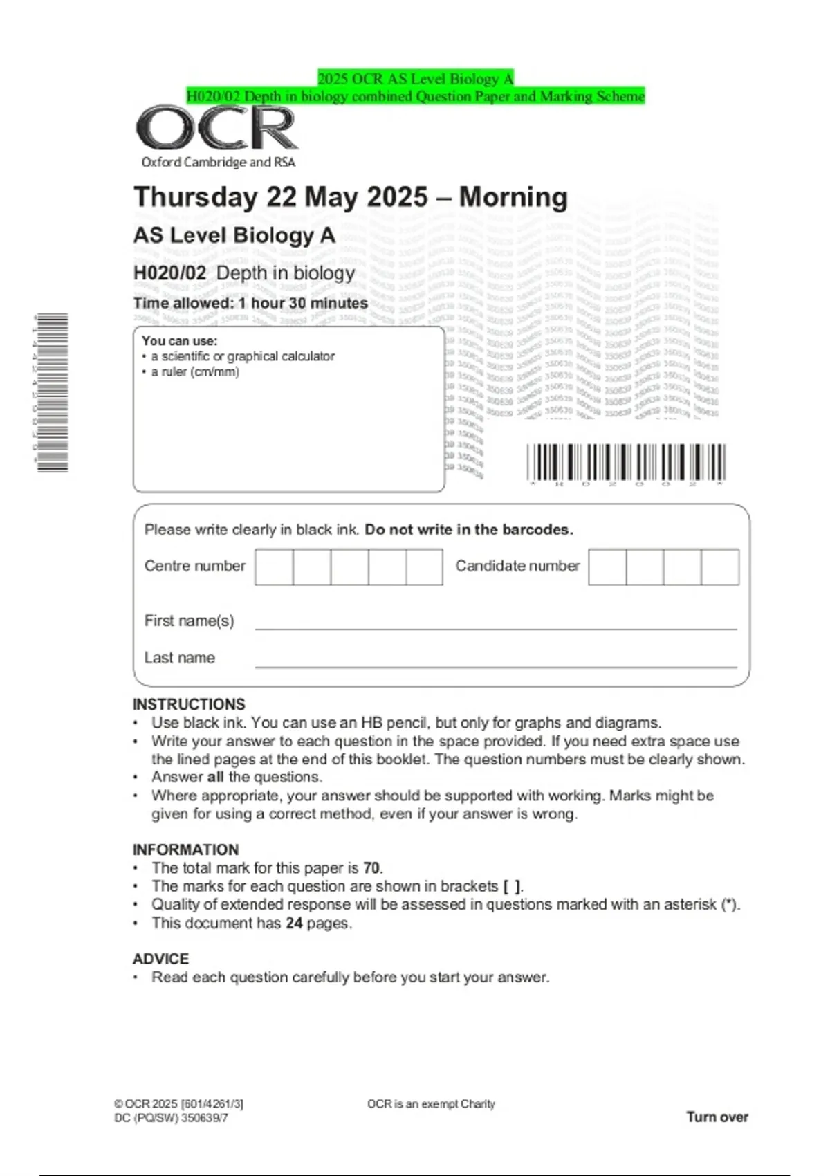 2025 OCR AS Level Biology A H020/02 Depth in biology combined Question ...