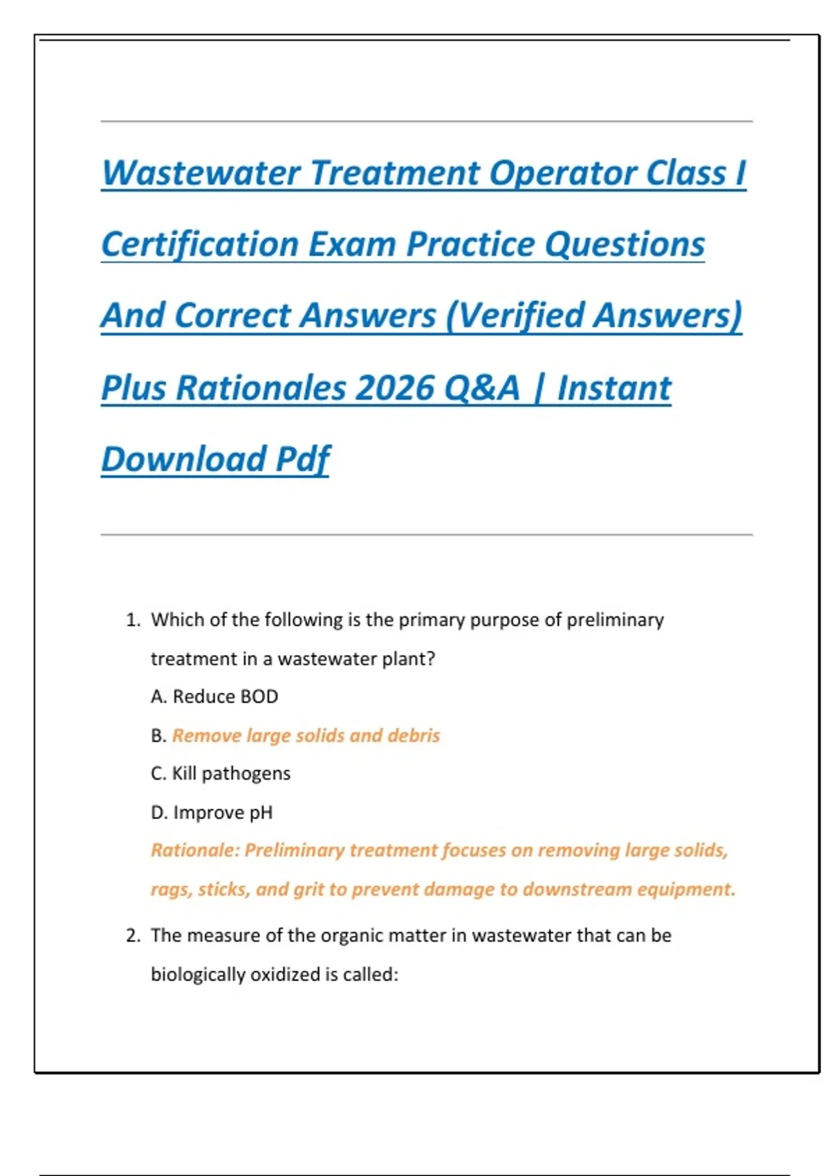 Wastewater Treatment Operator Class I Certification Exam Practice ...