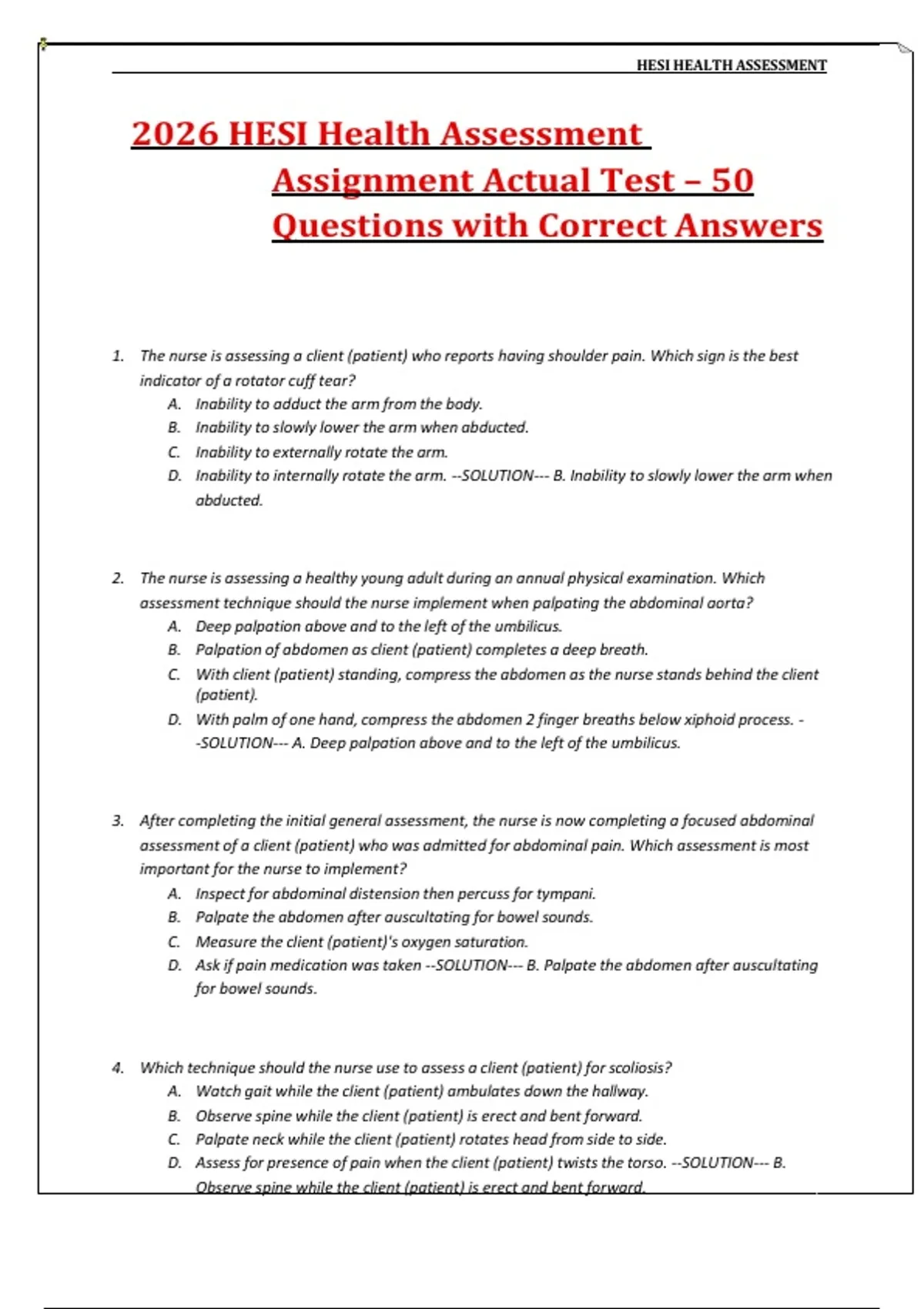 2026 HESI Health Assessment Assignment Actual Test – 50 Questions with ...