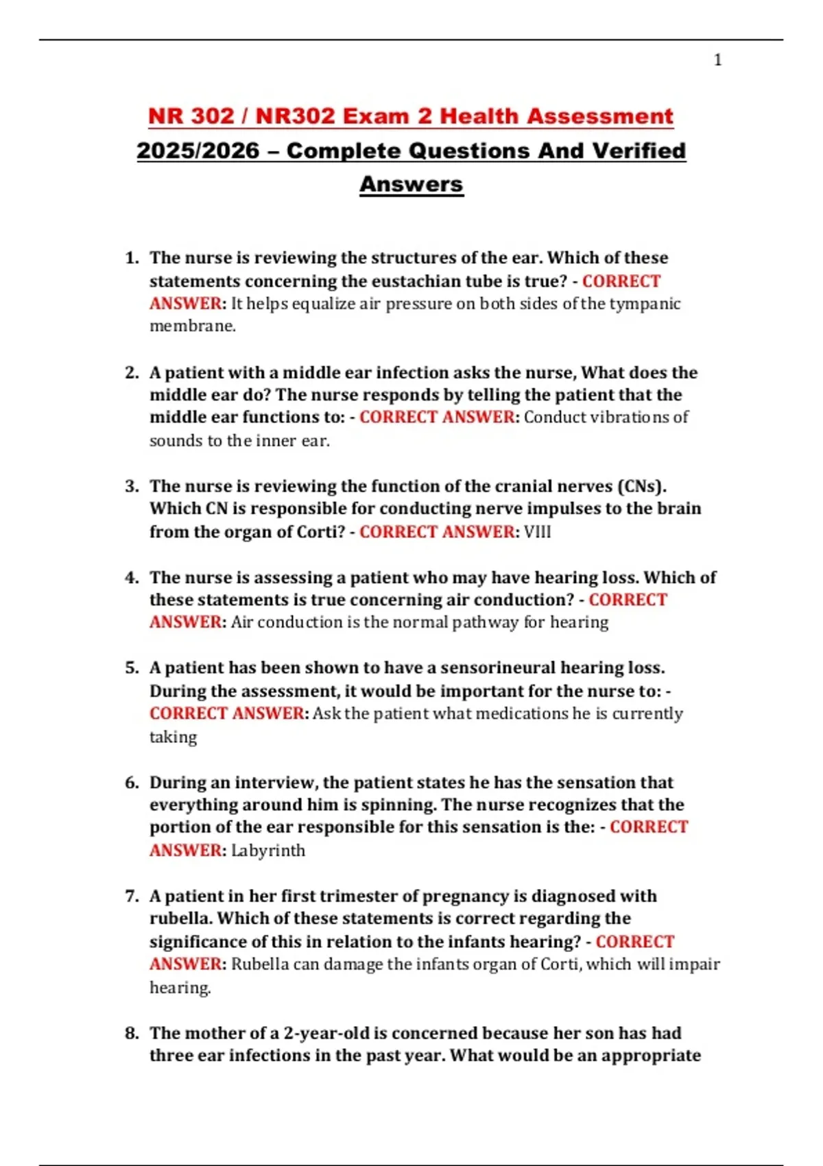NR 302 / NR302 Exam 2 Health Assessment 2025/2026 – Complete Questions ...