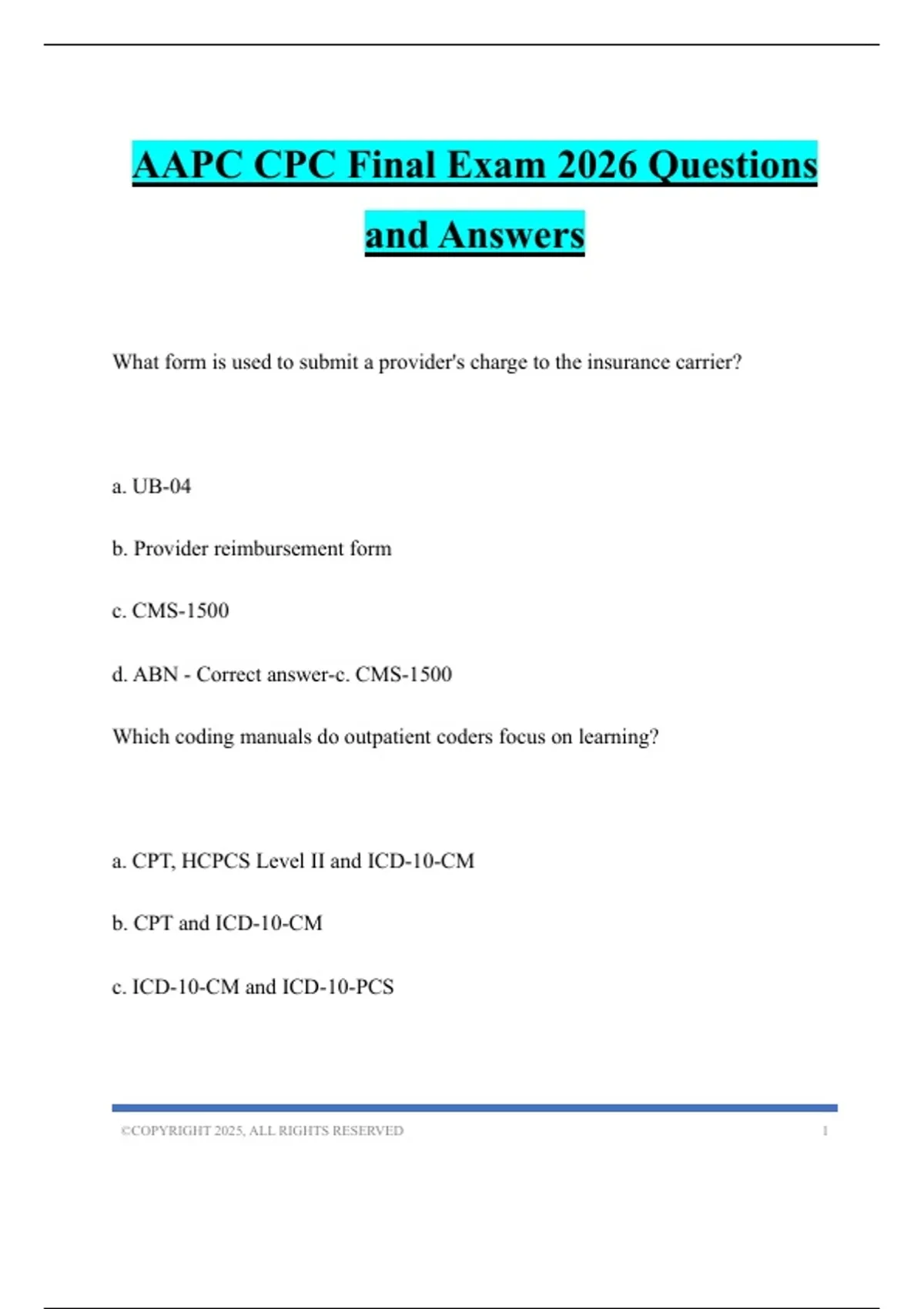 AAPC CPC Final Exam 2026 Questions and Answers - NUR 2092 Health ...