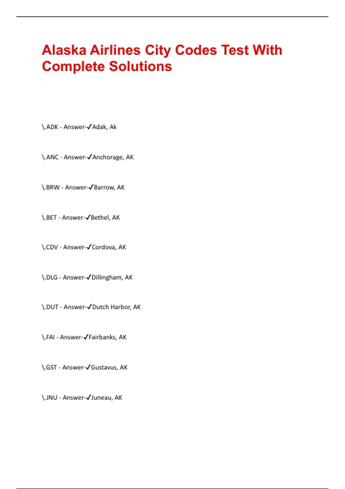 Alaska Airlines City Codes Test With Complete Solutions - Alaska ...
