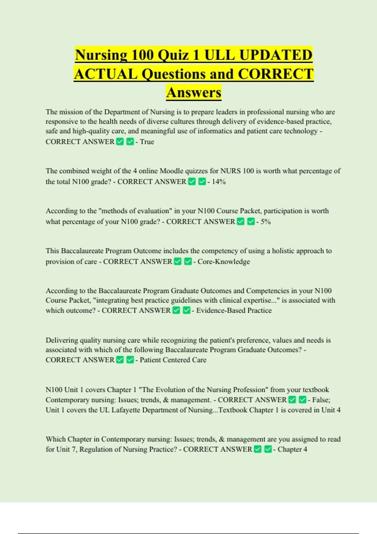 Nursing 100 Quiz 1 ULL UPDATED ACTUAL Questions and CORRECT Answers ...