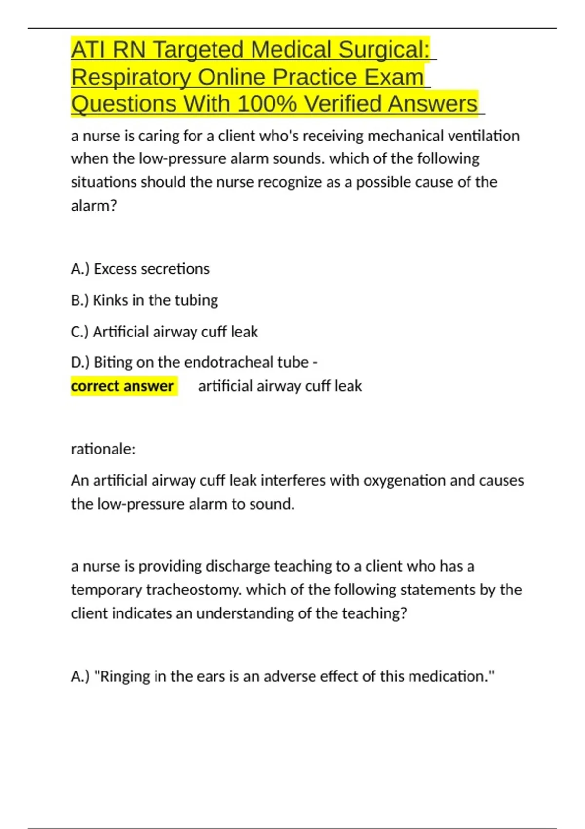 ATI RN Targeted Medical Surgical Respiratory Online Practice Exam ...