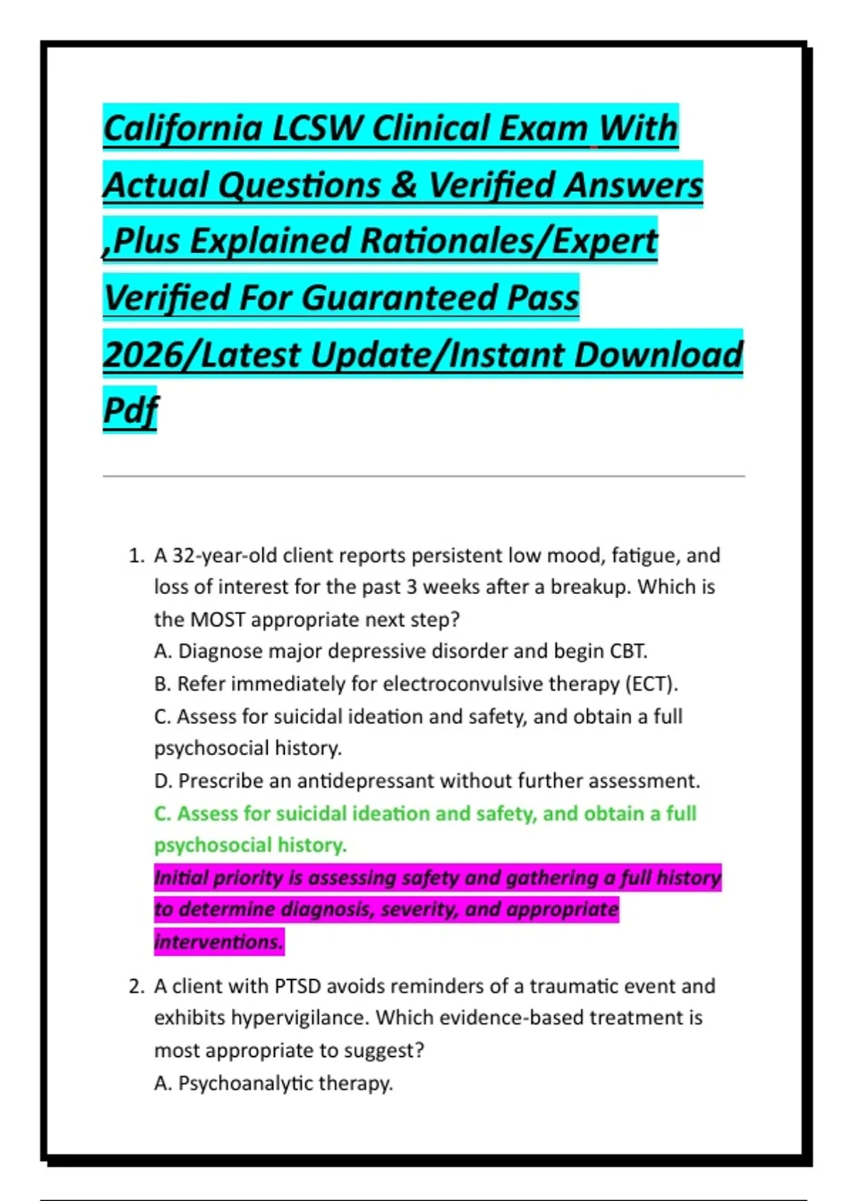 California LCSW Clinical Exam With Actual Questions & Verified Answers ...