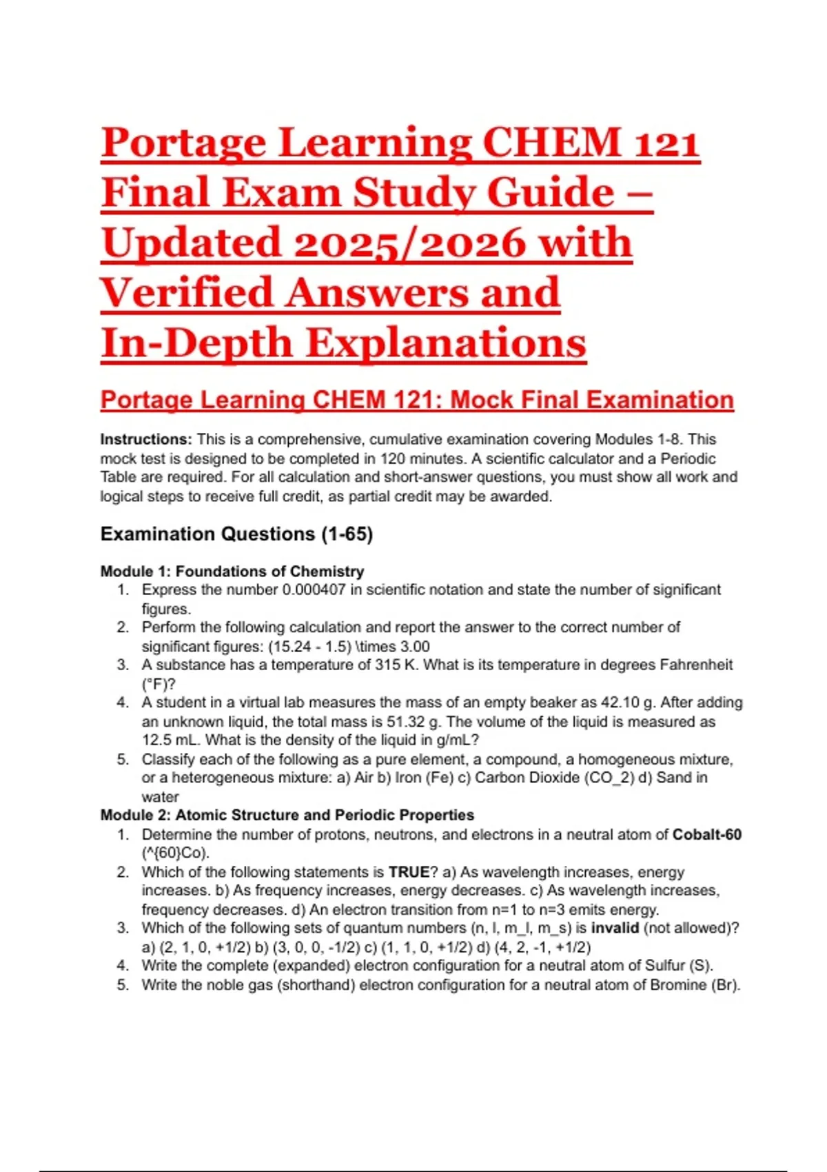 Portage Learning CHEM 121 – Final Exam Study Guide (2025/2026 ...