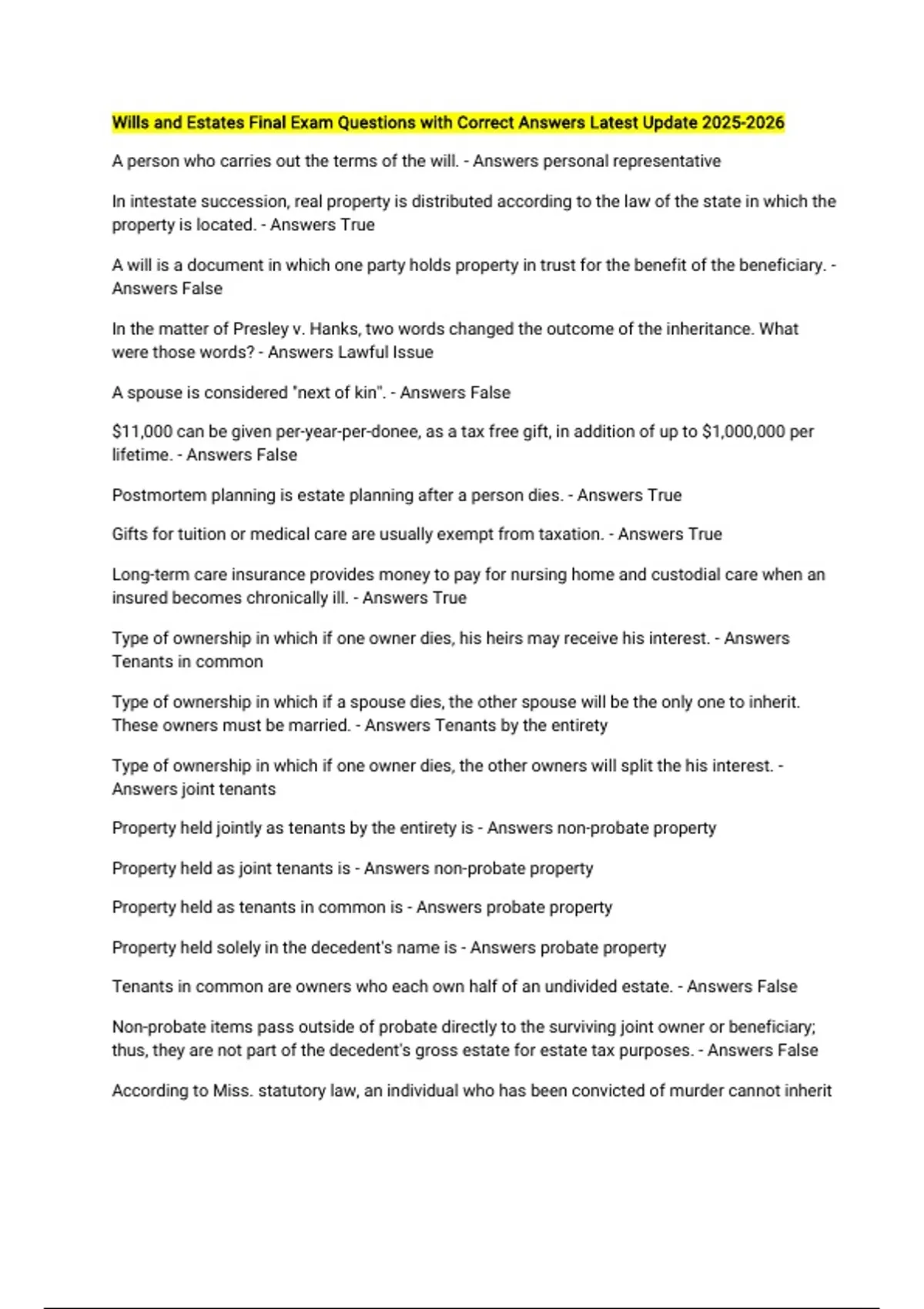 Wills and Estates Final Exam Questions with Correct Answers Latest Update - Wills and Estates ...