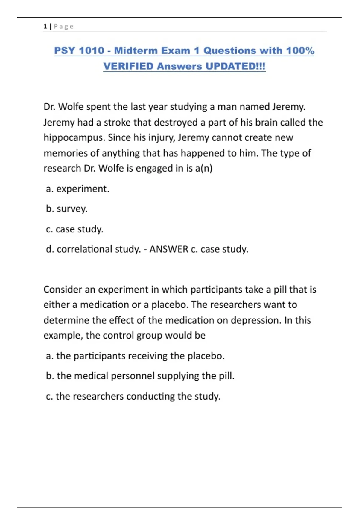PSY 1010 - Midterm Exam 1 Questions with 100% VERIFIED Answers UPDATED ...