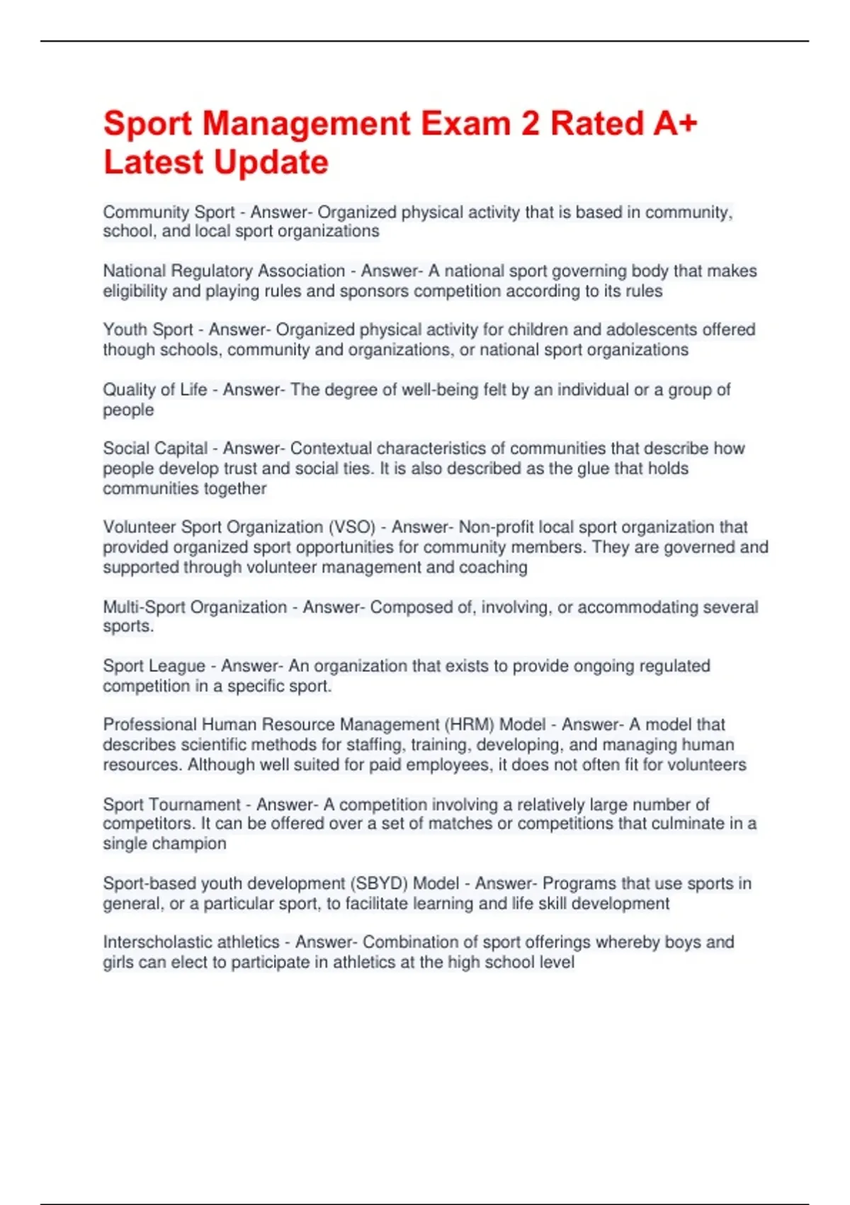 Sport Management Exam 2 Rated A+ Latest Update - Sport Management ...