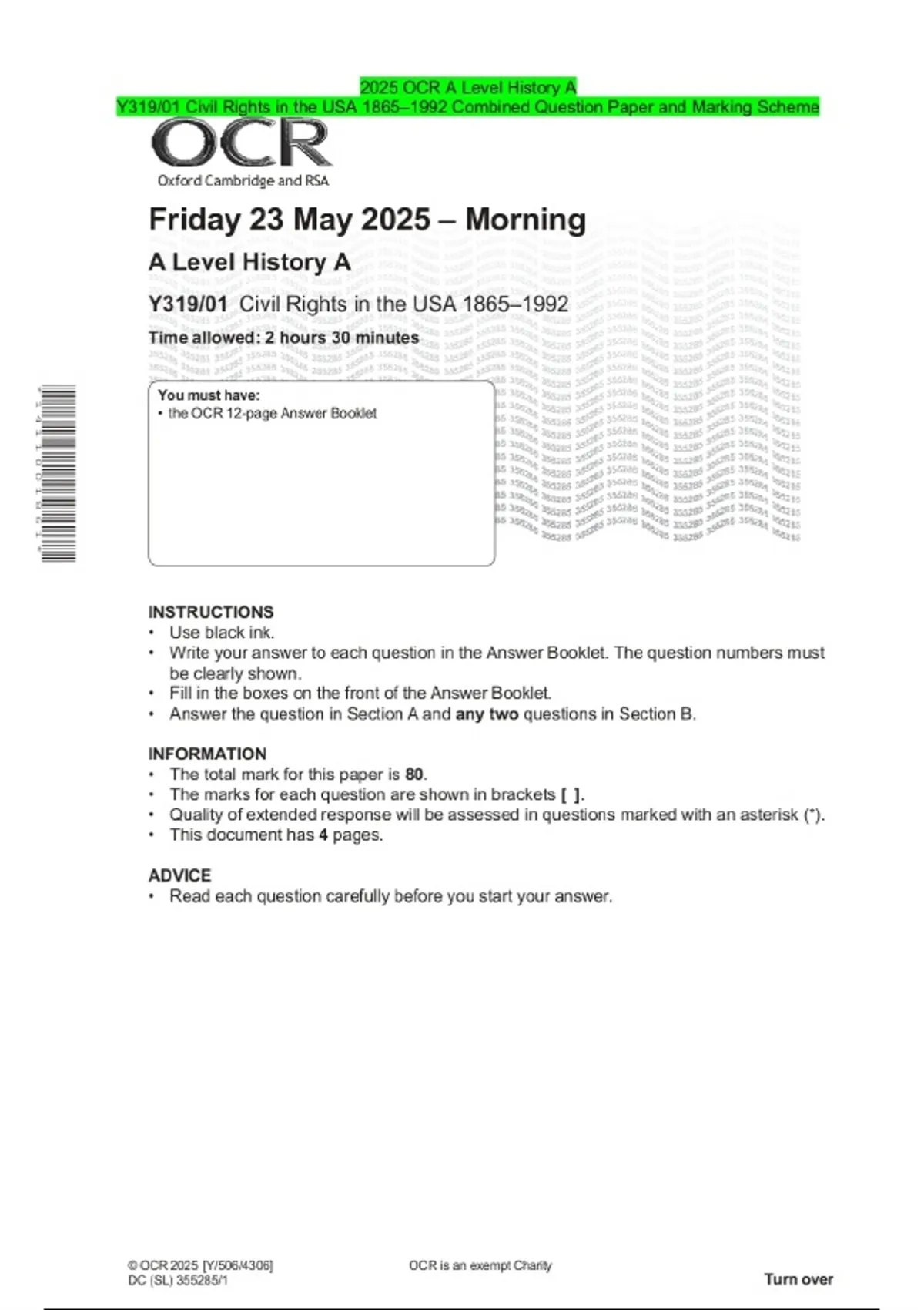 2025 OCR A Level History A Y319/01 Civil Rights in the USA 1865–1992 ...