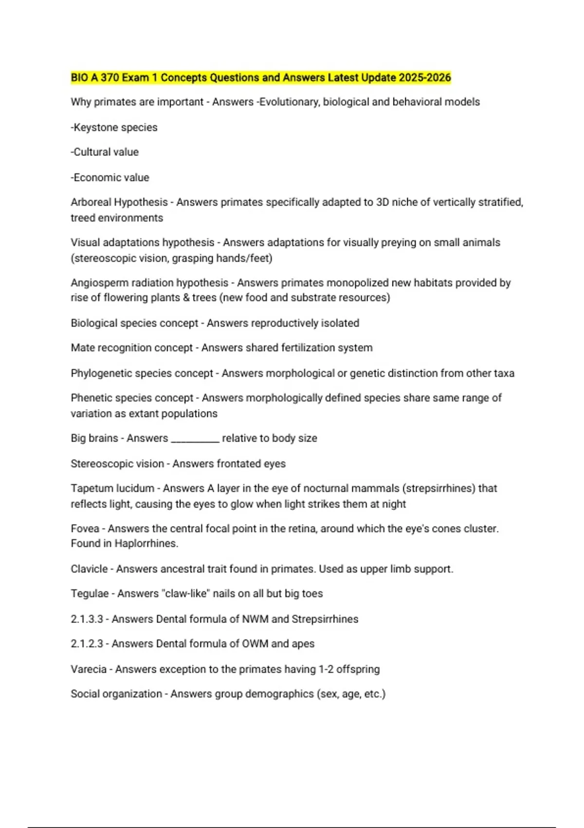 BIO A 370 Exam 1 Concepts Questions and Answers Latest Update - BIO A ...