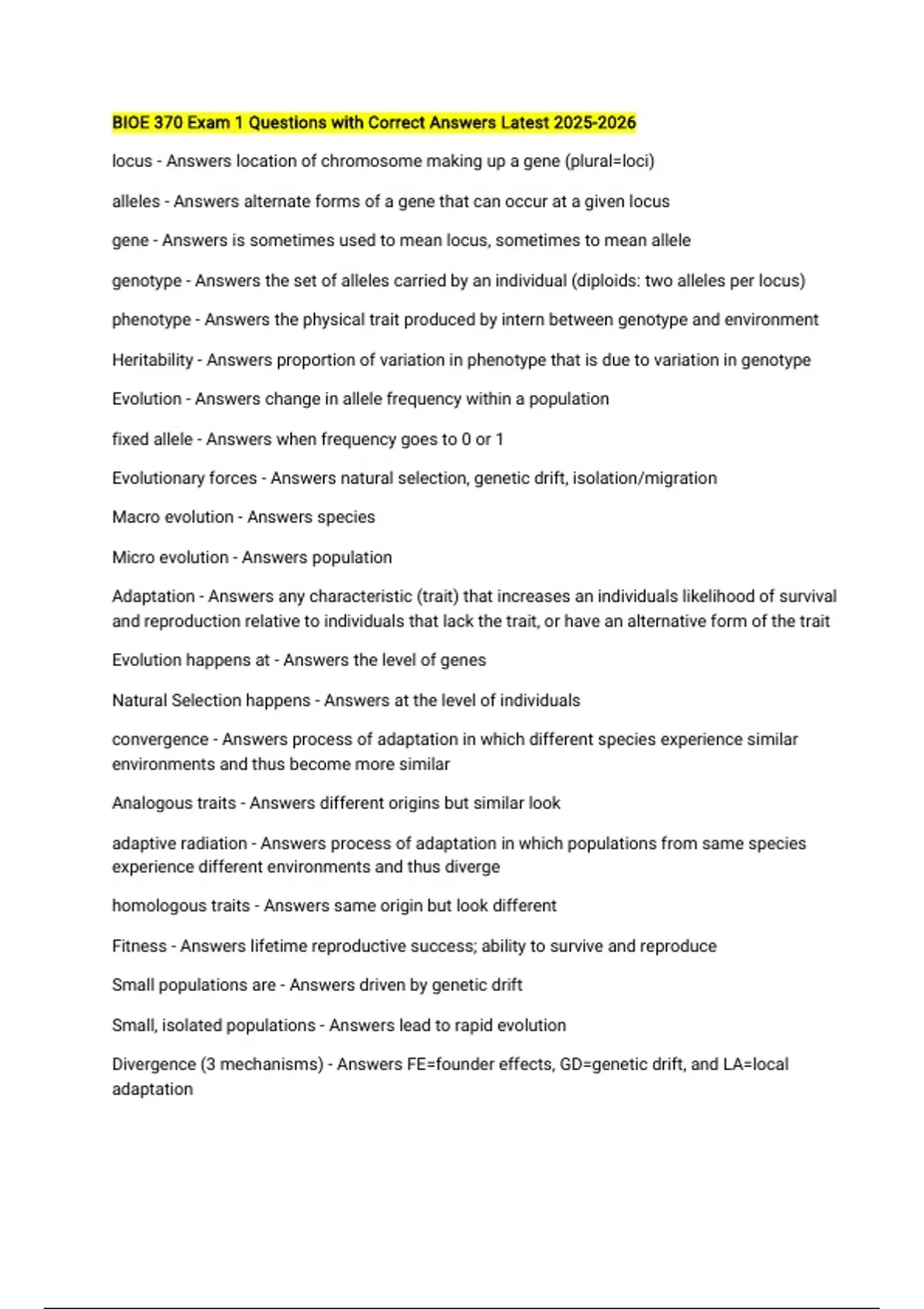 BIOE 370 Exam 1 Questions with Correct Answers Latest - BIOE 370 ...