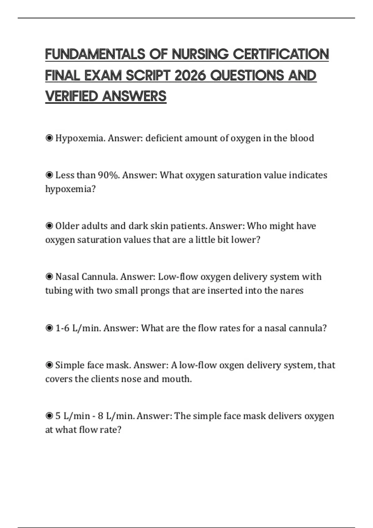 FUNDAMENTALS OF NURSING CERTIFICATION FINAL EXAM SCRIPT 2026 QUESTIONS ...