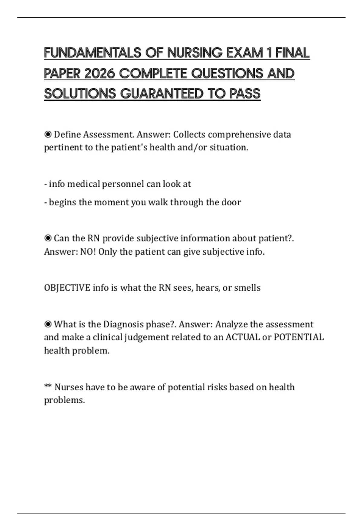 FUNDAMENTALS OF NURSING EXAM 1 FINAL PAPER 2026 COMPLETE QUESTIONS AND ...