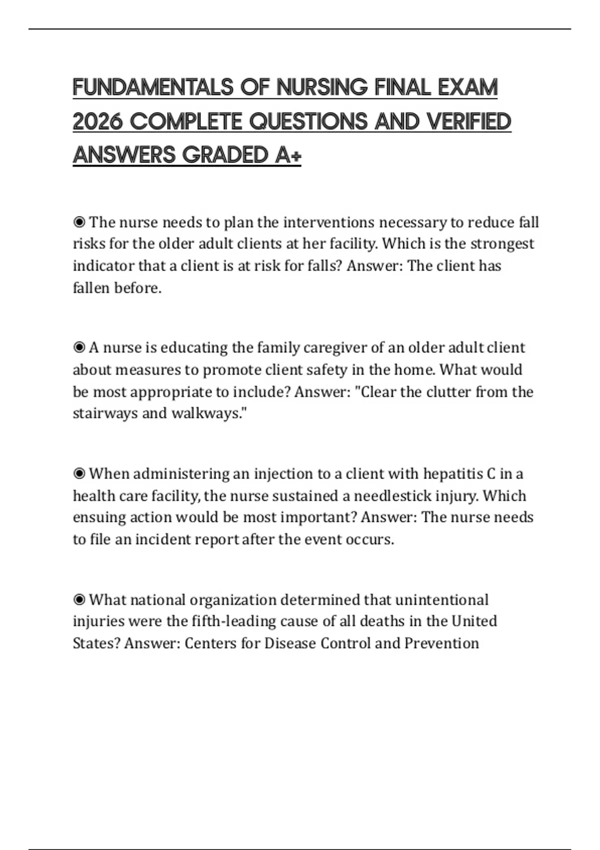 FUNDAMENTALS OF NURSING FINAL EXAM 2026 COMPLETE QUESTIONS AND VERIFIED ...
