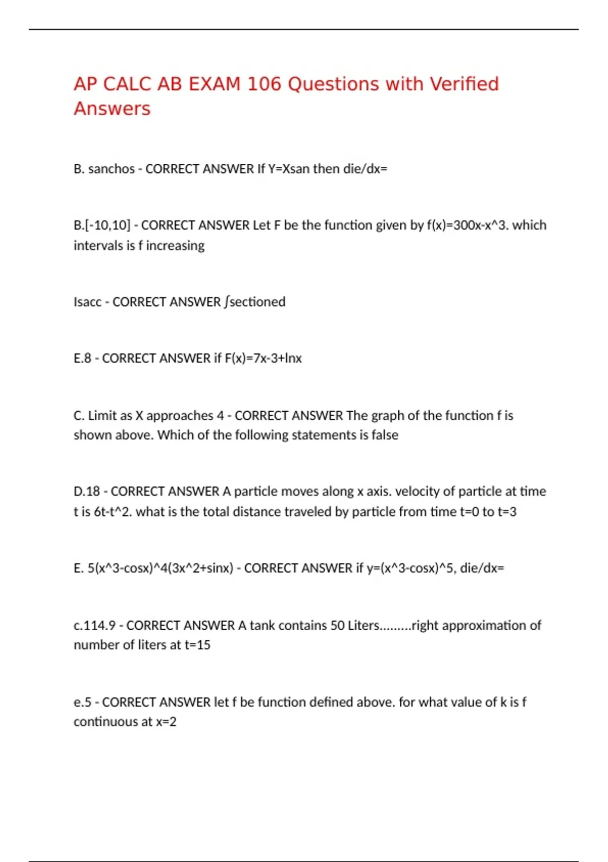 AP CALC AB EXAM 106 Questions with Verified Answers,100%CORRECT - AP ...