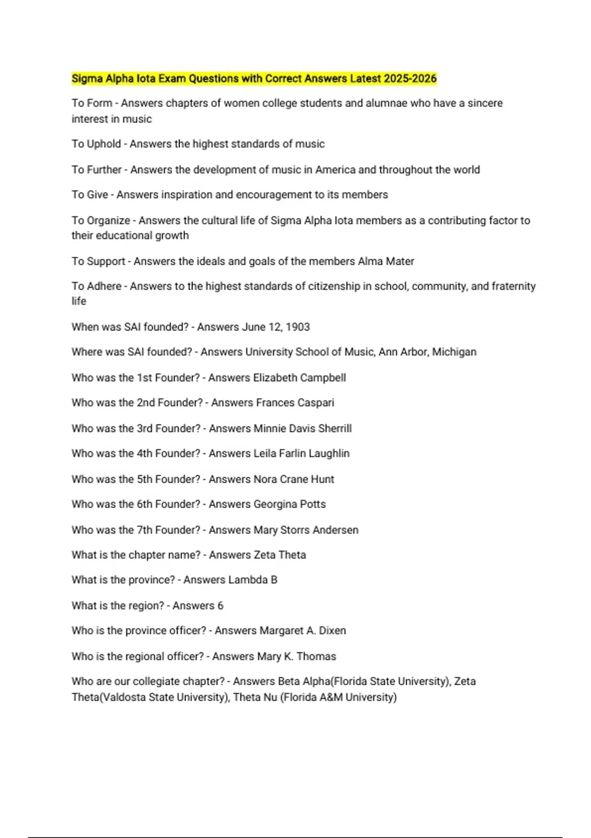 Sigma Alpha Iota Exam Questions with Correct Answers Latest - Sigma ...