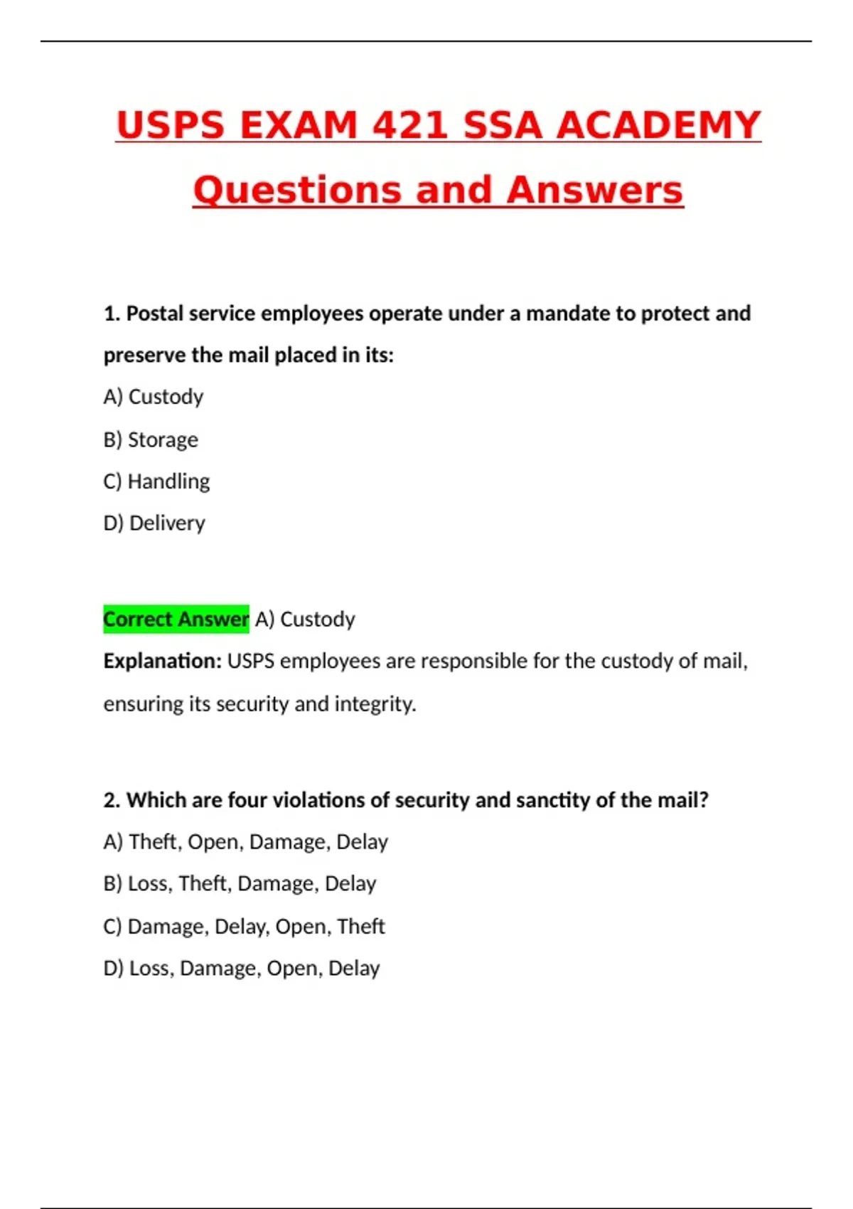 USPS EXAM 421 SSA ACADEMY Actual 2025 Exam with Questions and Answers (2025 / 2026) 100% ...
