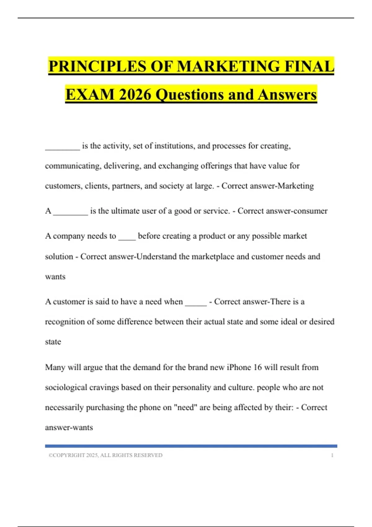 PRINCIPLES OF MARKETING FINAL EXAM 2026 Questions and Answers - NEA-BC Certification - Stuvia US