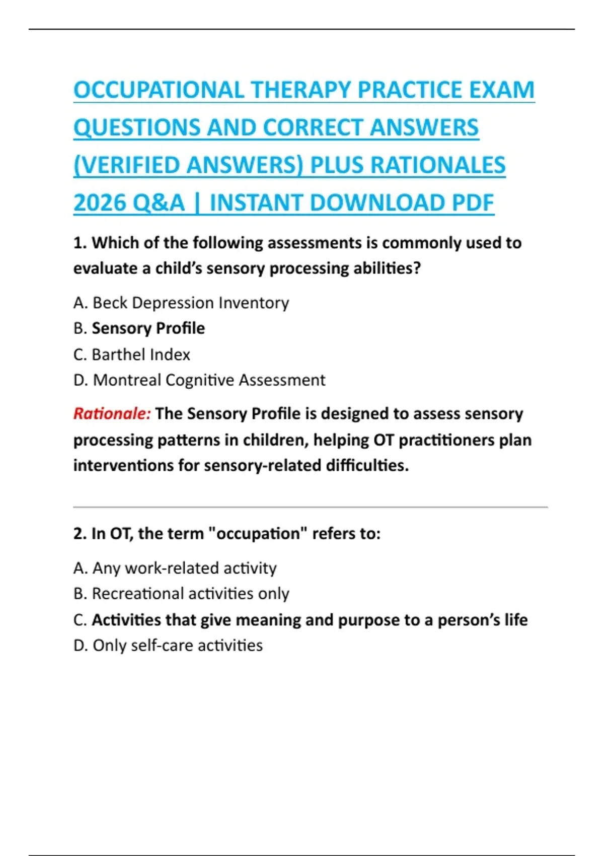Ot Questions OCCUPATIONAL THERAPY PRACTICE EXAM QUESTIONS AND CORRECT ANSWERS ...