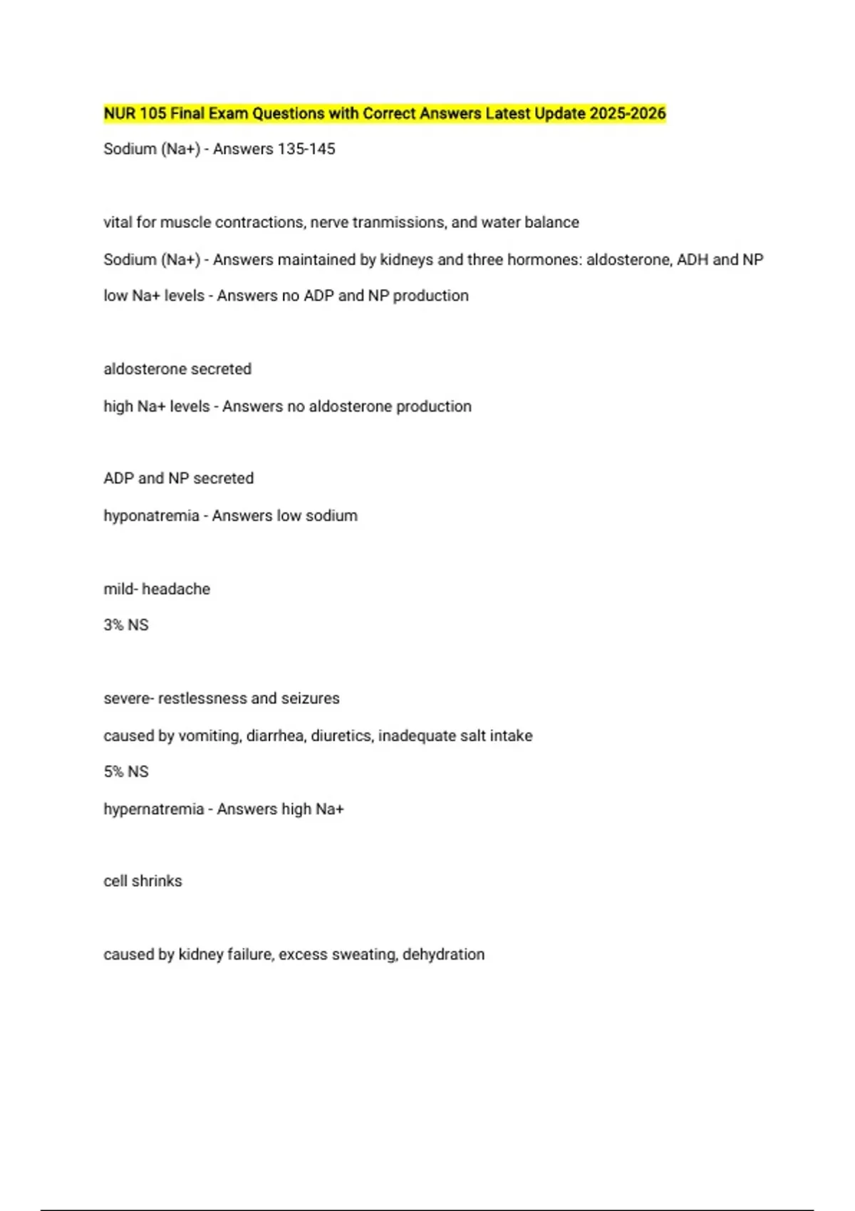 NUR 105 Final Exam Questions with Correct Answers Latest Update - NUR ...